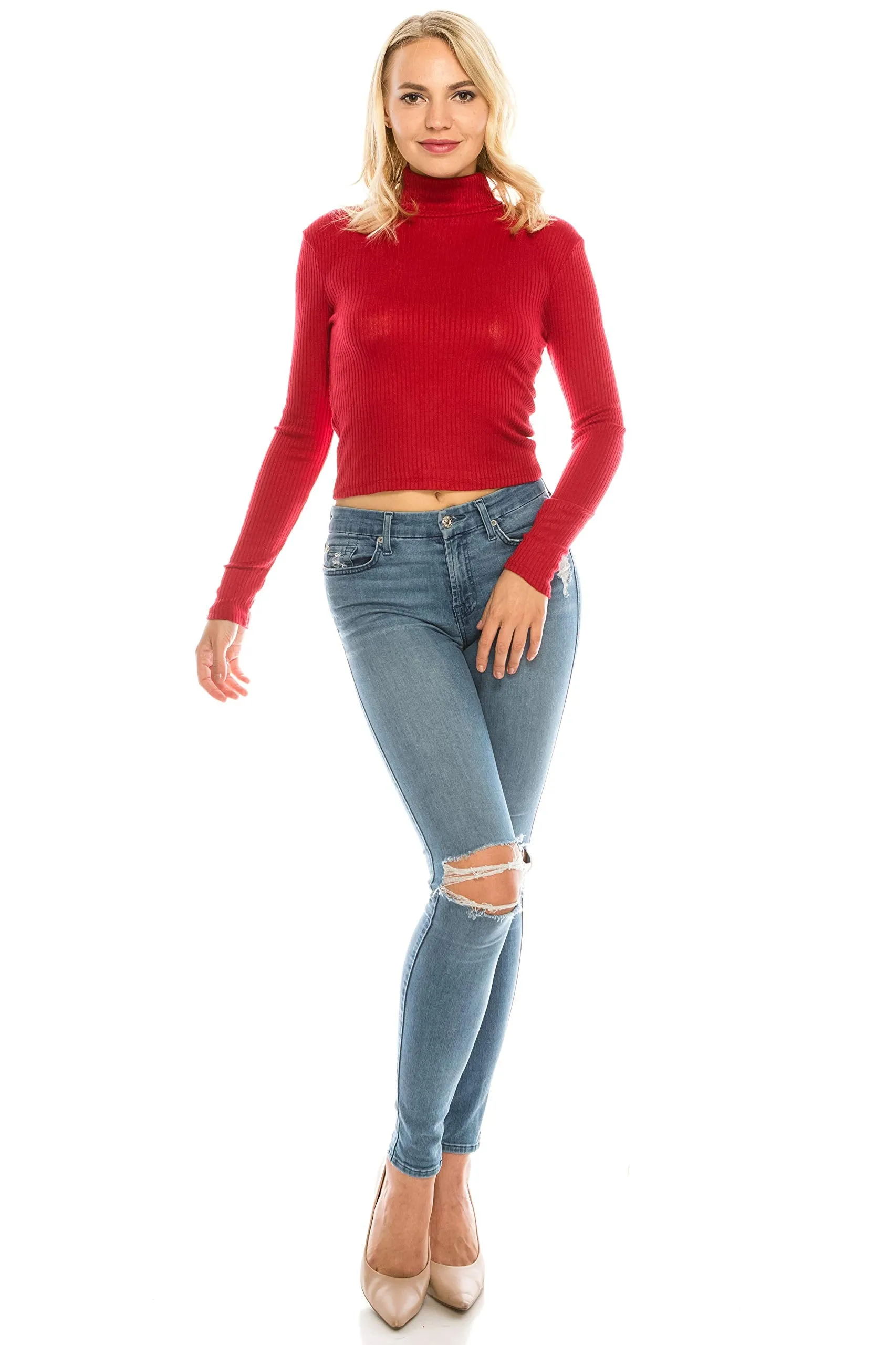 Women's Long Sleeve Thin Ribbed Turtleneck Soft Sweater Crop Top