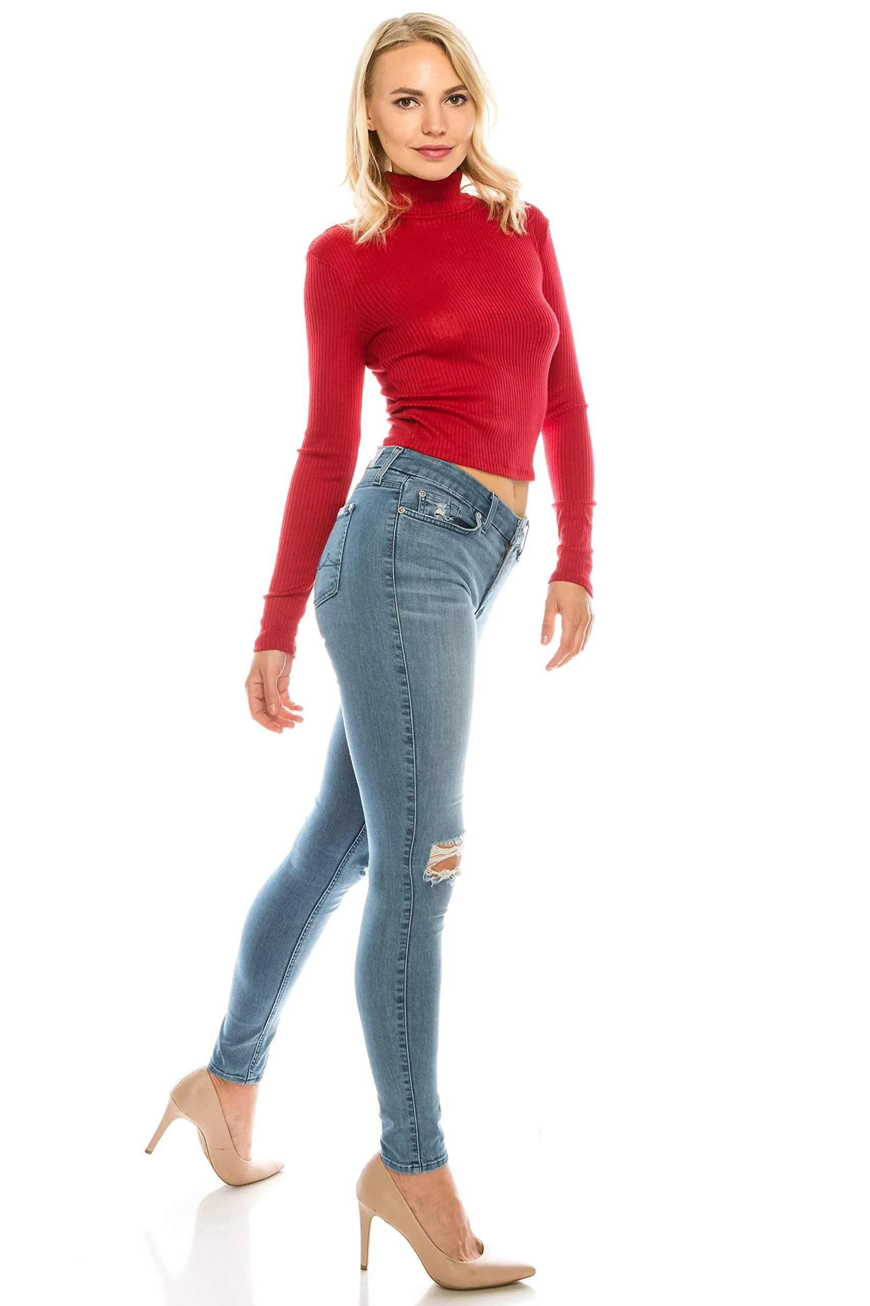 Women's Long Sleeve Thin Ribbed Turtleneck Soft Sweater Crop Top