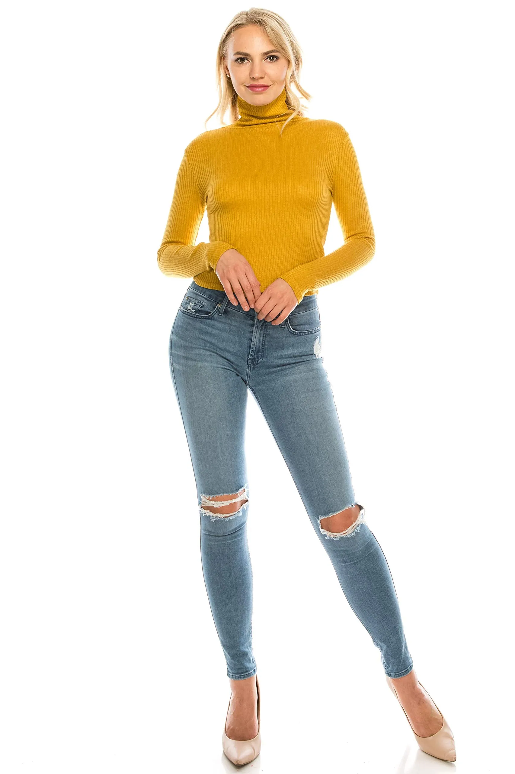 Women's Long Sleeve Thin Ribbed Turtleneck Soft Sweater Crop Top