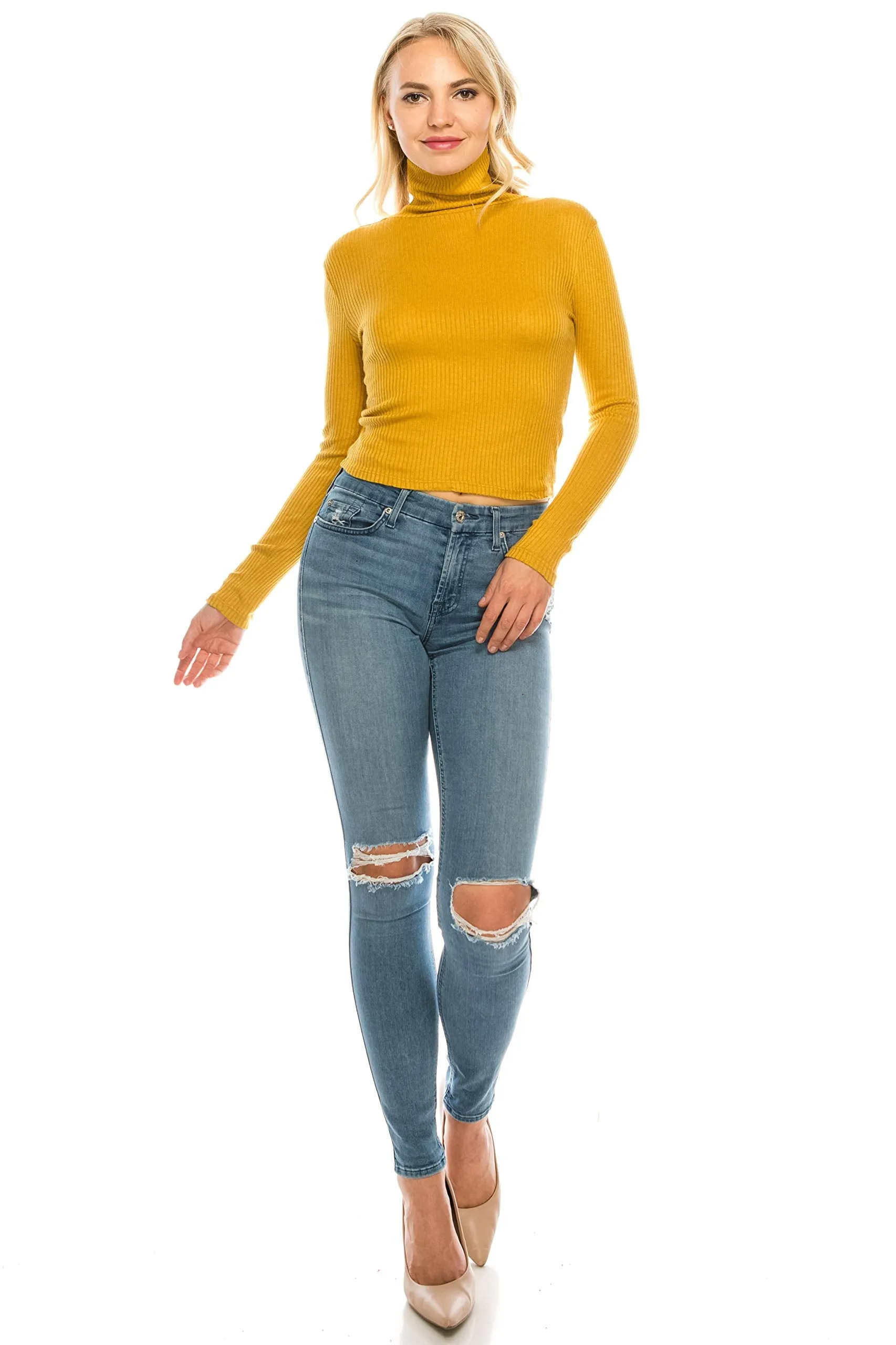 Women's Long Sleeve Thin Ribbed Turtleneck Soft Sweater Crop Top