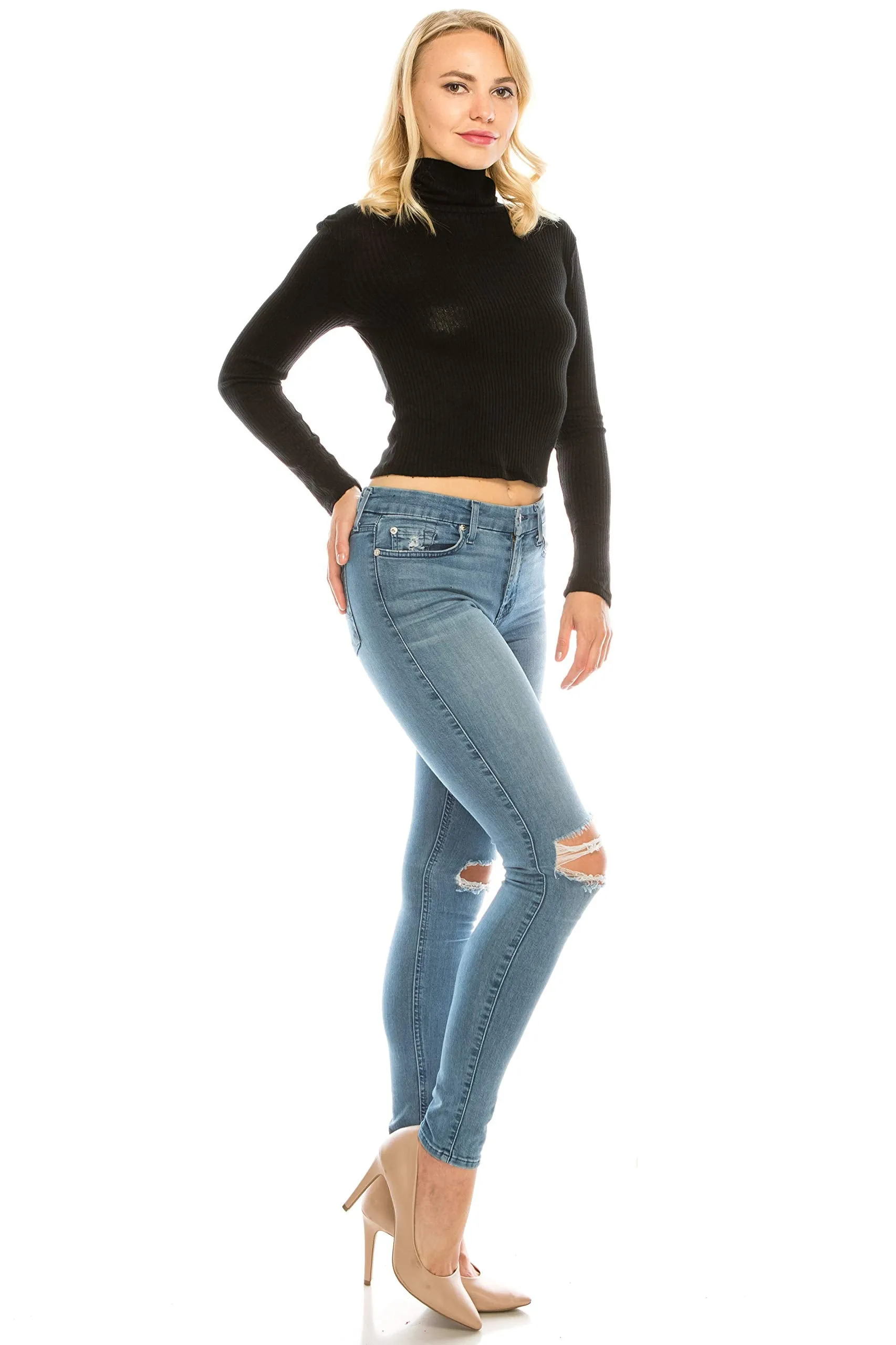 Women's Long Sleeve Thin Ribbed Turtleneck Soft Sweater Crop Top