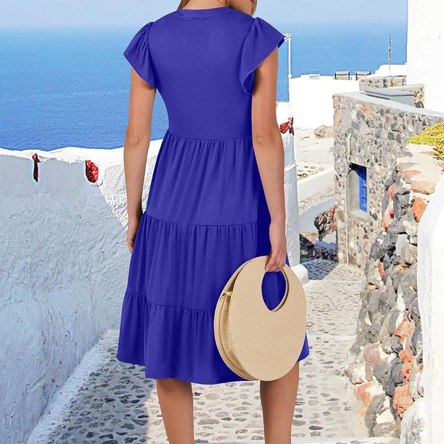 Women's Summer Dresses Ruffle Sleeve V Neck Midi Dresses Casual Flowy Tiered A Line Dress Beach Sundress with Pockets