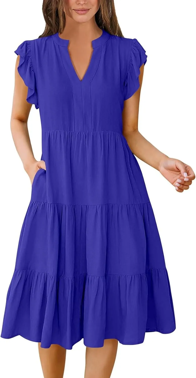 Women's Summer Dresses Ruffle Sleeve V Neck Midi Dresses Casual Flowy Tiered A Line Dress Beach Sundress with Pockets