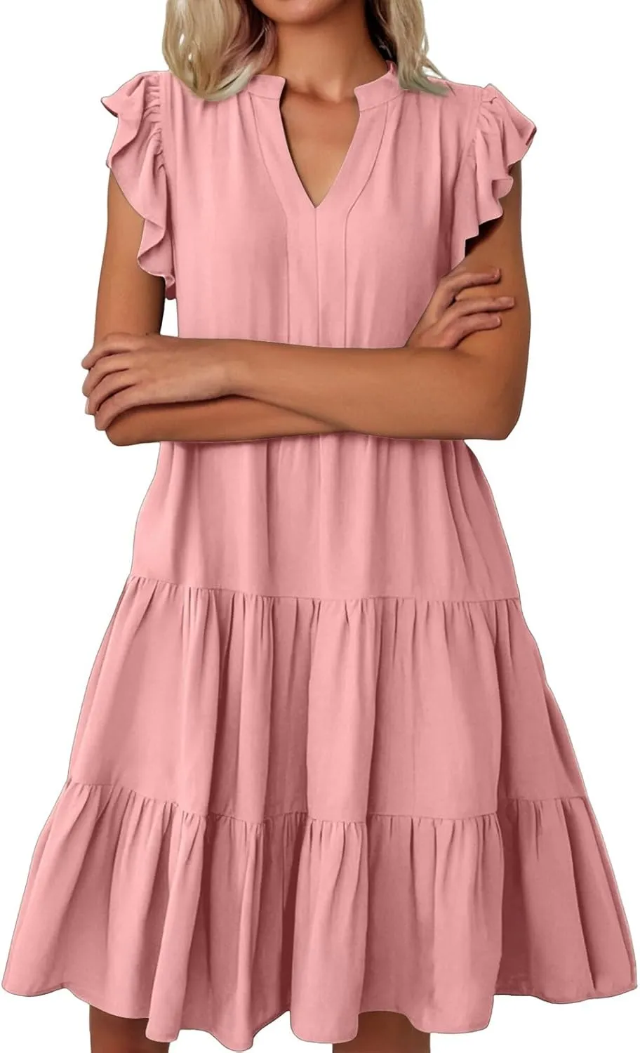 Women's Summer Dresses Ruffle Sleeve V Neck Midi Dresses Casual Flowy Tiered A Line Dress Beach Sundress with Pockets