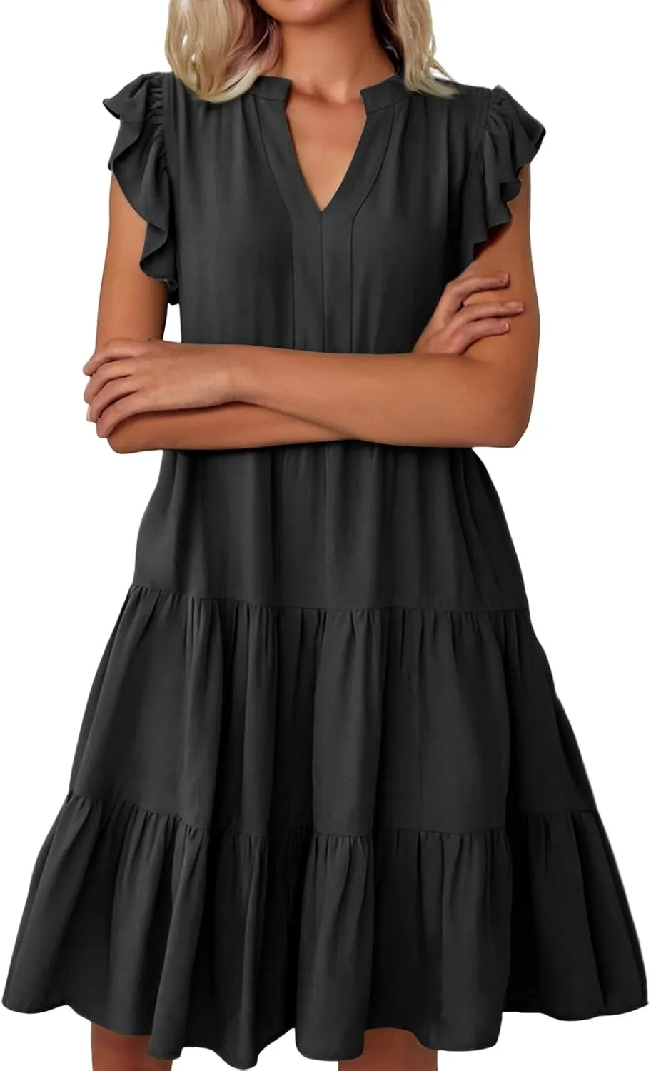 Women's Summer Dresses Ruffle Sleeve V Neck Midi Dresses Casual Flowy Tiered A Line Dress Beach Sundress with Pockets