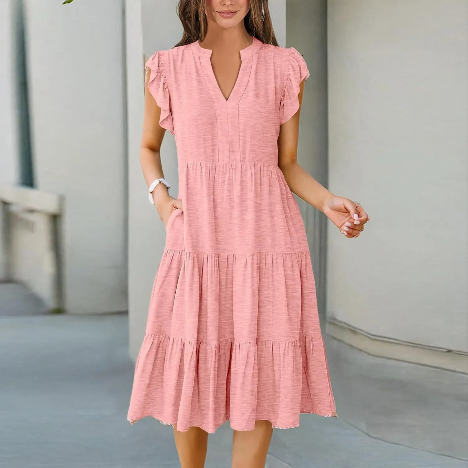 Women's Summer Dresses Ruffle Sleeve V Neck Midi Dresses Casual Flowy Tiered A Line Dress Beach Sundress with Pockets