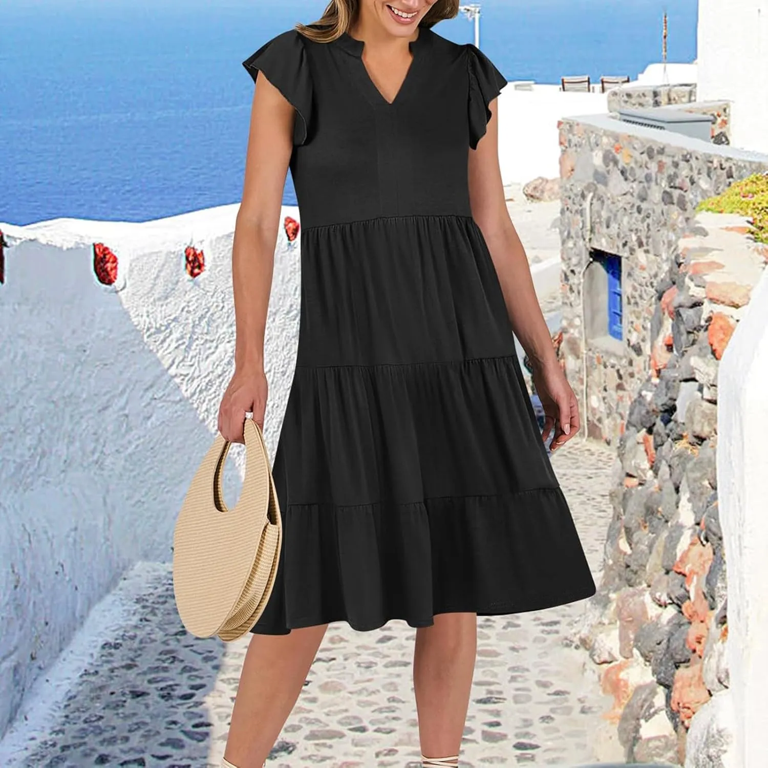 Women's Summer Dresses Ruffle Sleeve V Neck Midi Dresses Casual Flowy Tiered A Line Dress Beach Sundress with Pockets