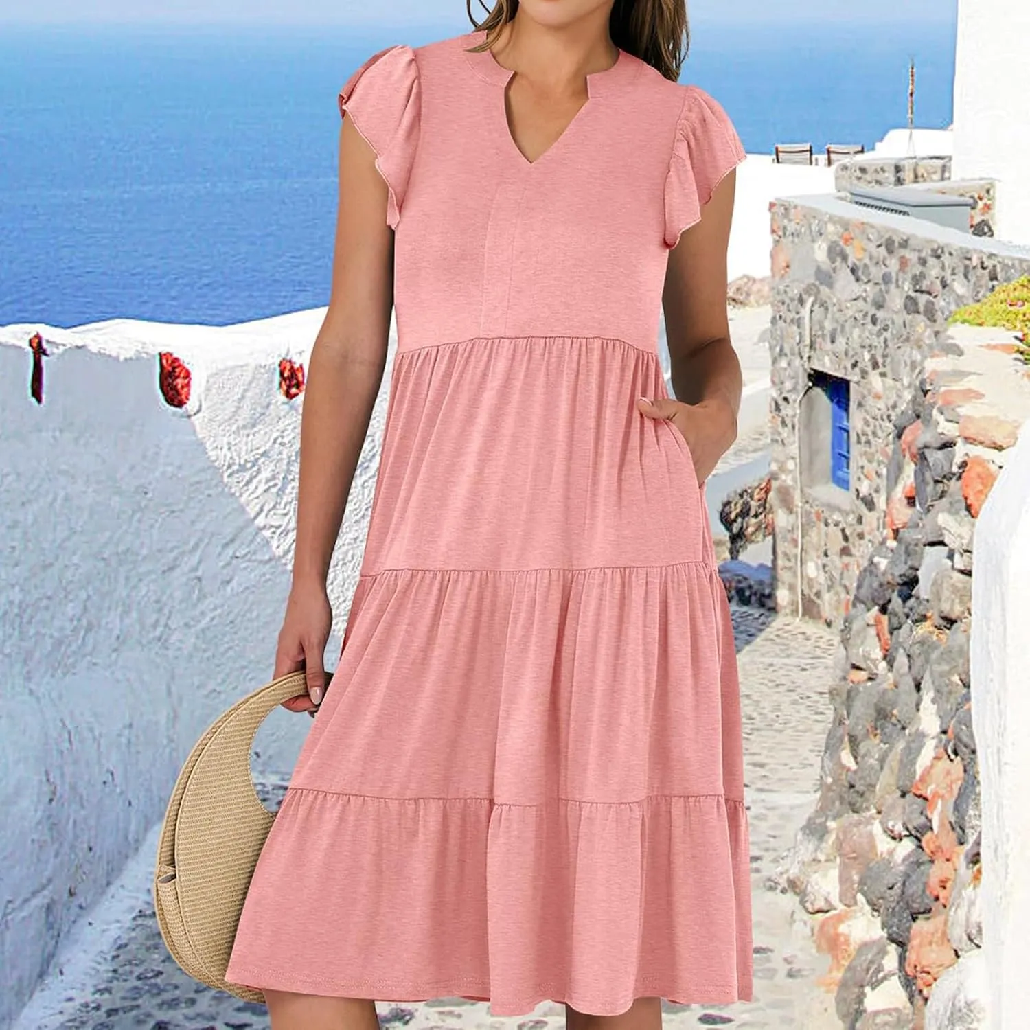 Women's Summer Dresses Ruffle Sleeve V Neck Midi Dresses Casual Flowy Tiered A Line Dress Beach Sundress with Pockets