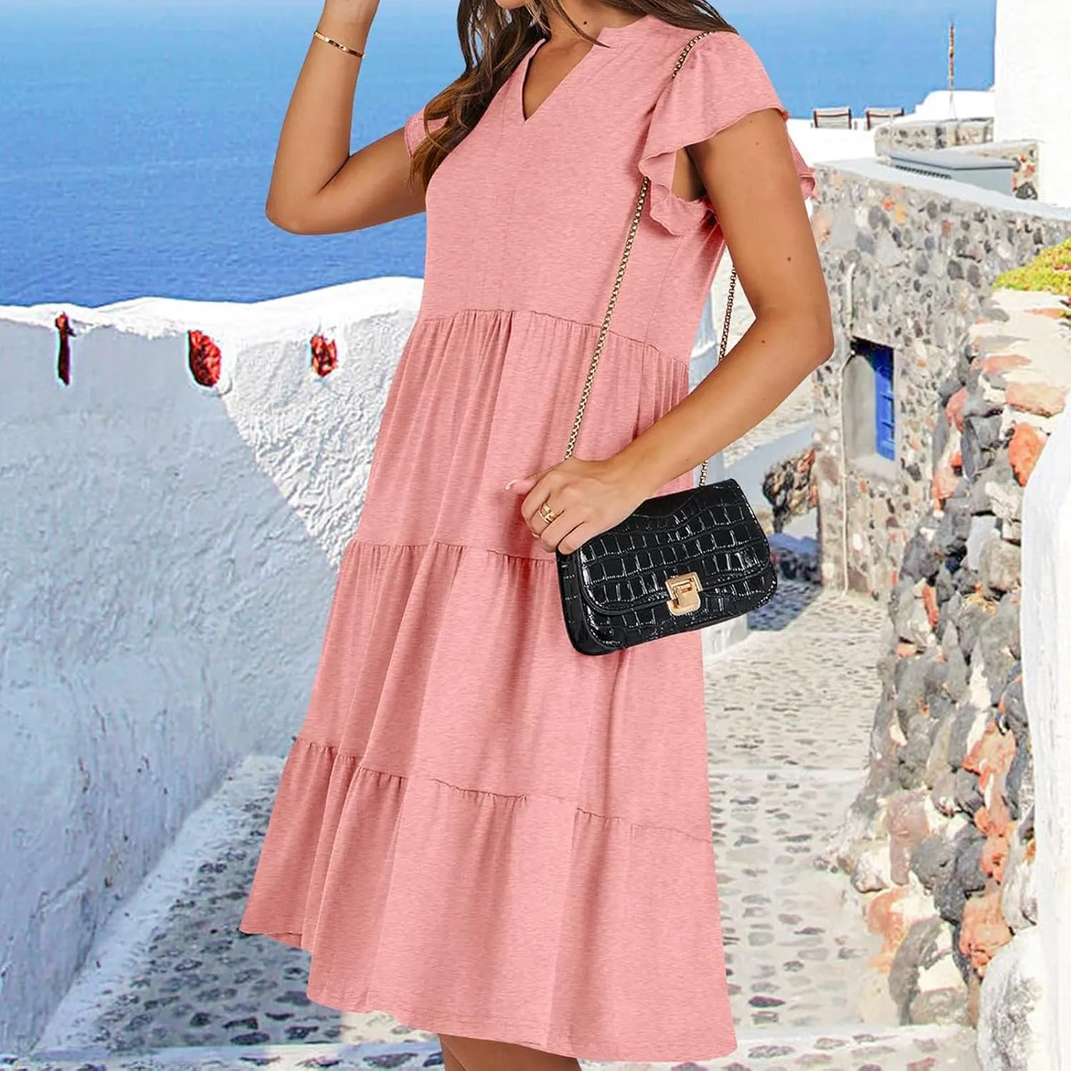 Women's Summer Dresses Ruffle Sleeve V Neck Midi Dresses Casual Flowy Tiered A Line Dress Beach Sundress with Pockets