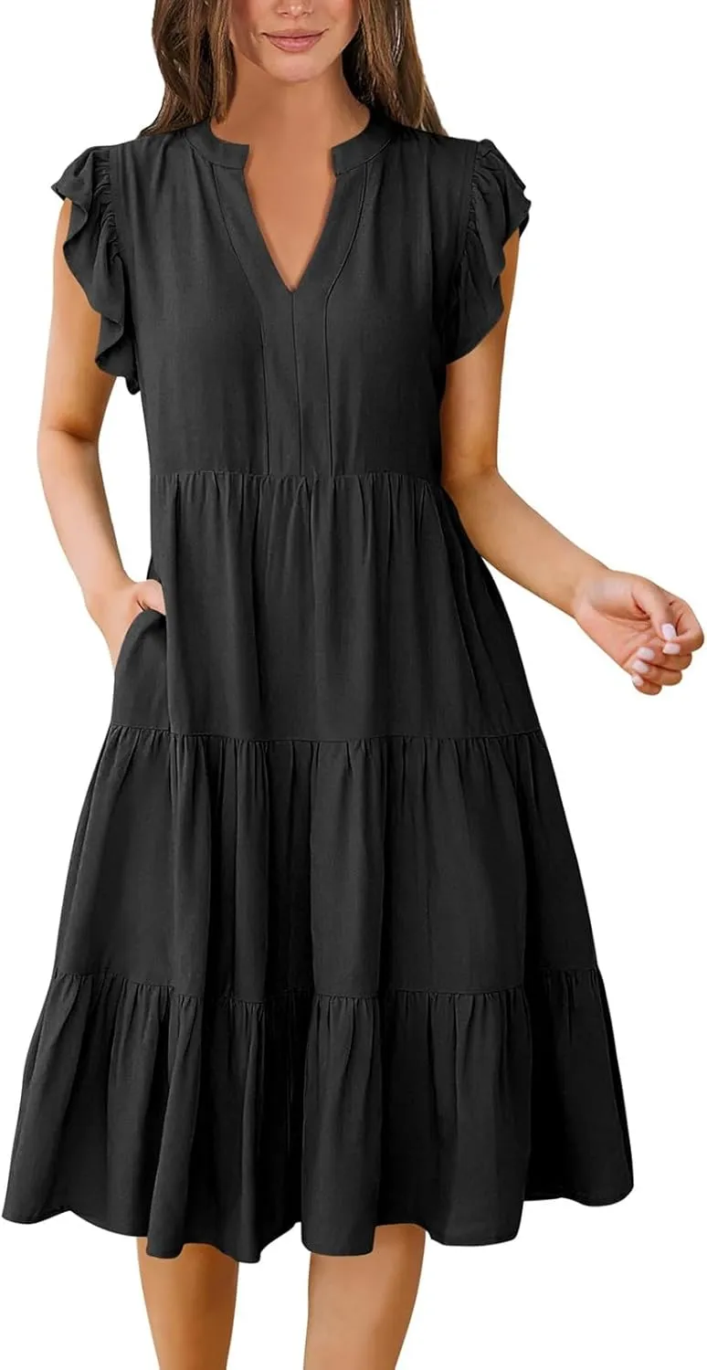 Women's Summer Dresses Ruffle Sleeve V Neck Midi Dresses Casual Flowy Tiered A Line Dress Beach Sundress with Pockets