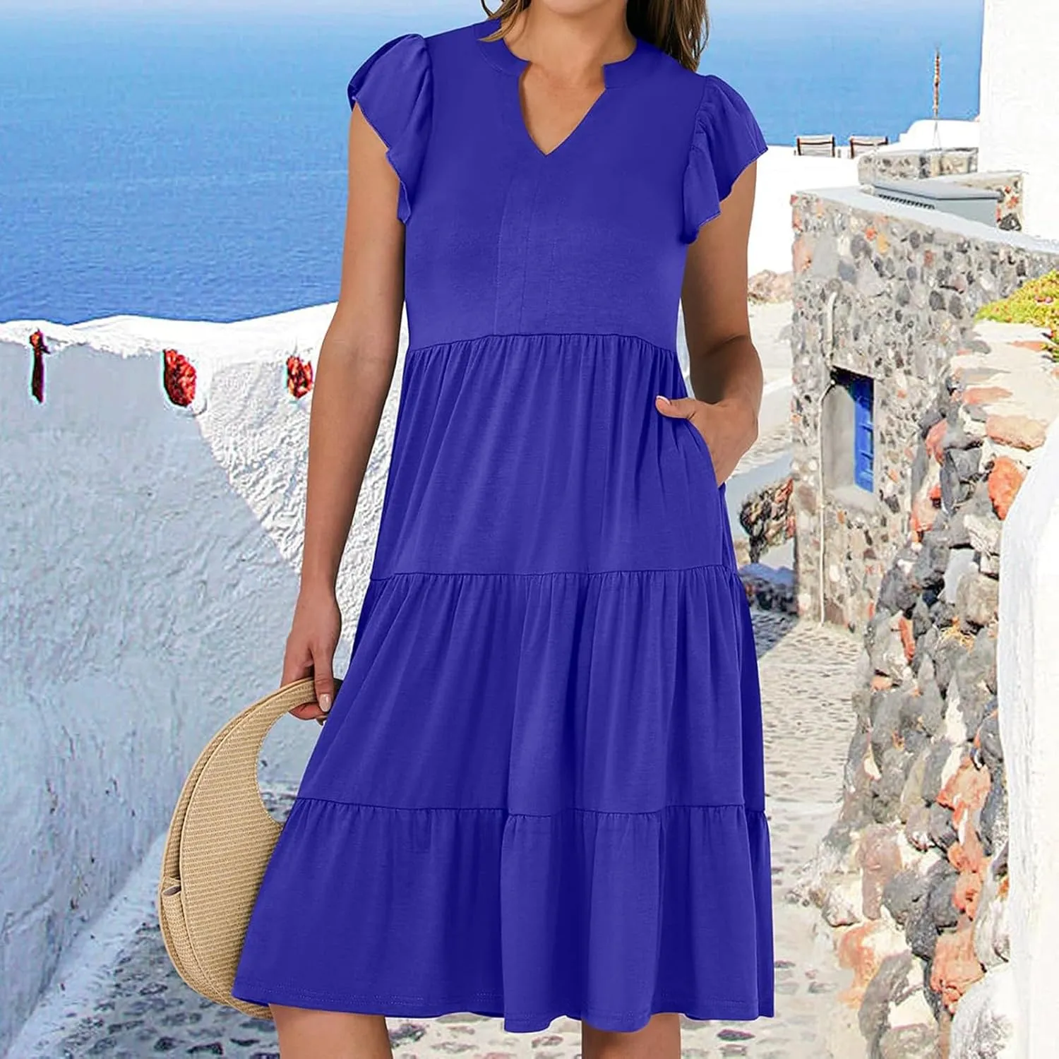 Women's Summer Dresses Ruffle Sleeve V Neck Midi Dresses Casual Flowy Tiered A Line Dress Beach Sundress with Pockets