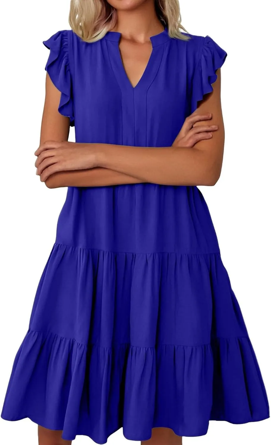 Women's Summer Dresses Ruffle Sleeve V Neck Midi Dresses Casual Flowy Tiered A Line Dress Beach Sundress with Pockets