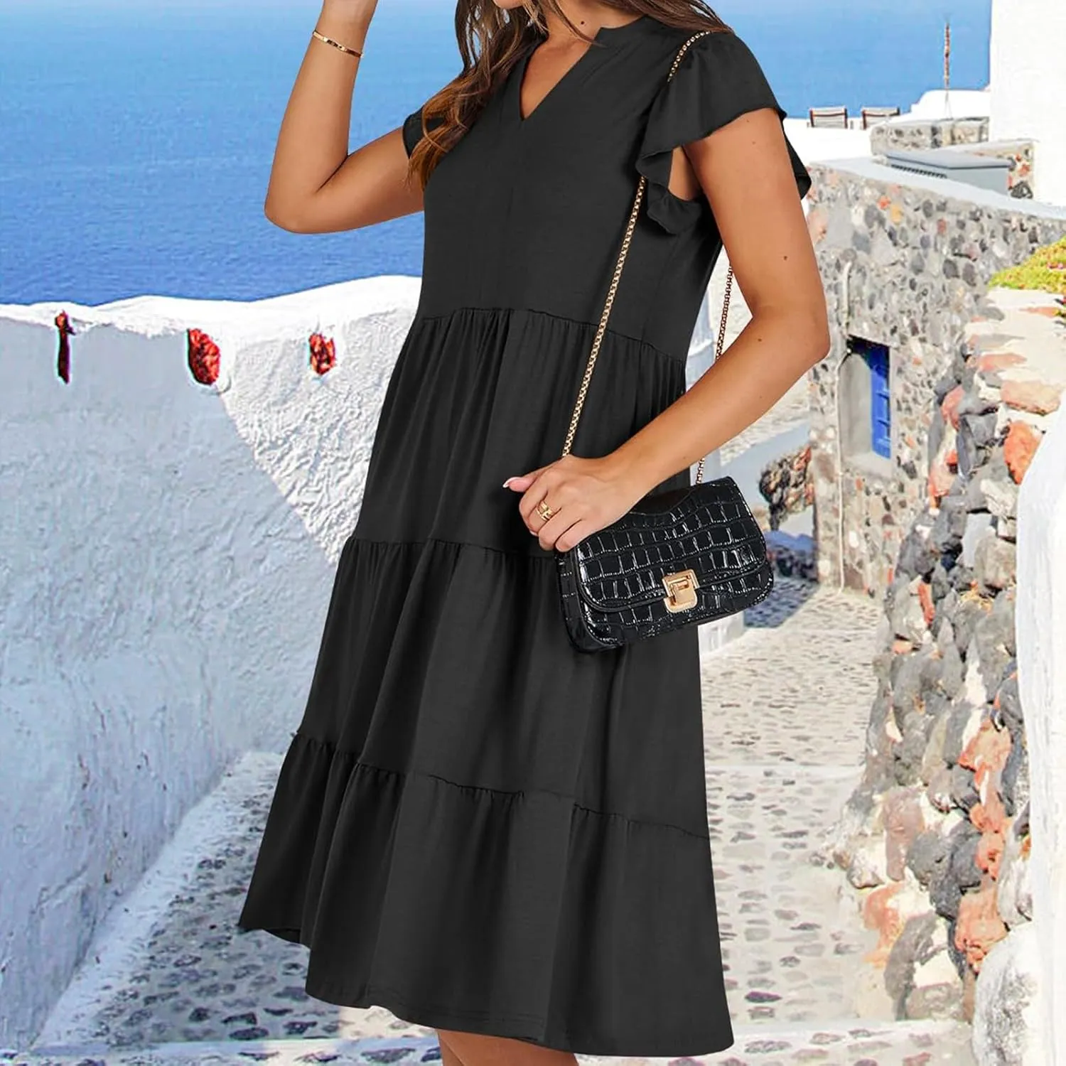Women's Summer Dresses Ruffle Sleeve V Neck Midi Dresses Casual Flowy Tiered A Line Dress Beach Sundress with Pockets
