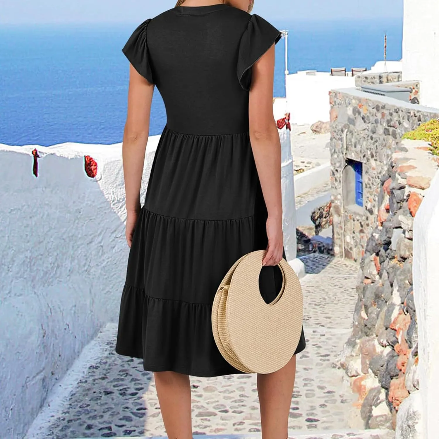 Women's Summer Dresses Ruffle Sleeve V Neck Midi Dresses Casual Flowy Tiered A Line Dress Beach Sundress with Pockets