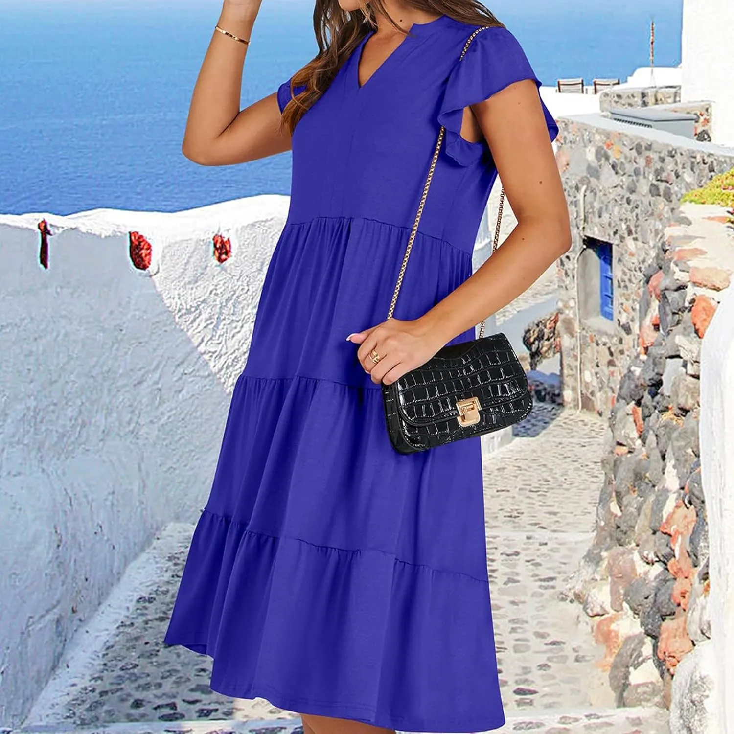 Women's Summer Dresses Ruffle Sleeve V Neck Midi Dresses Casual Flowy Tiered A Line Dress Beach Sundress with Pockets