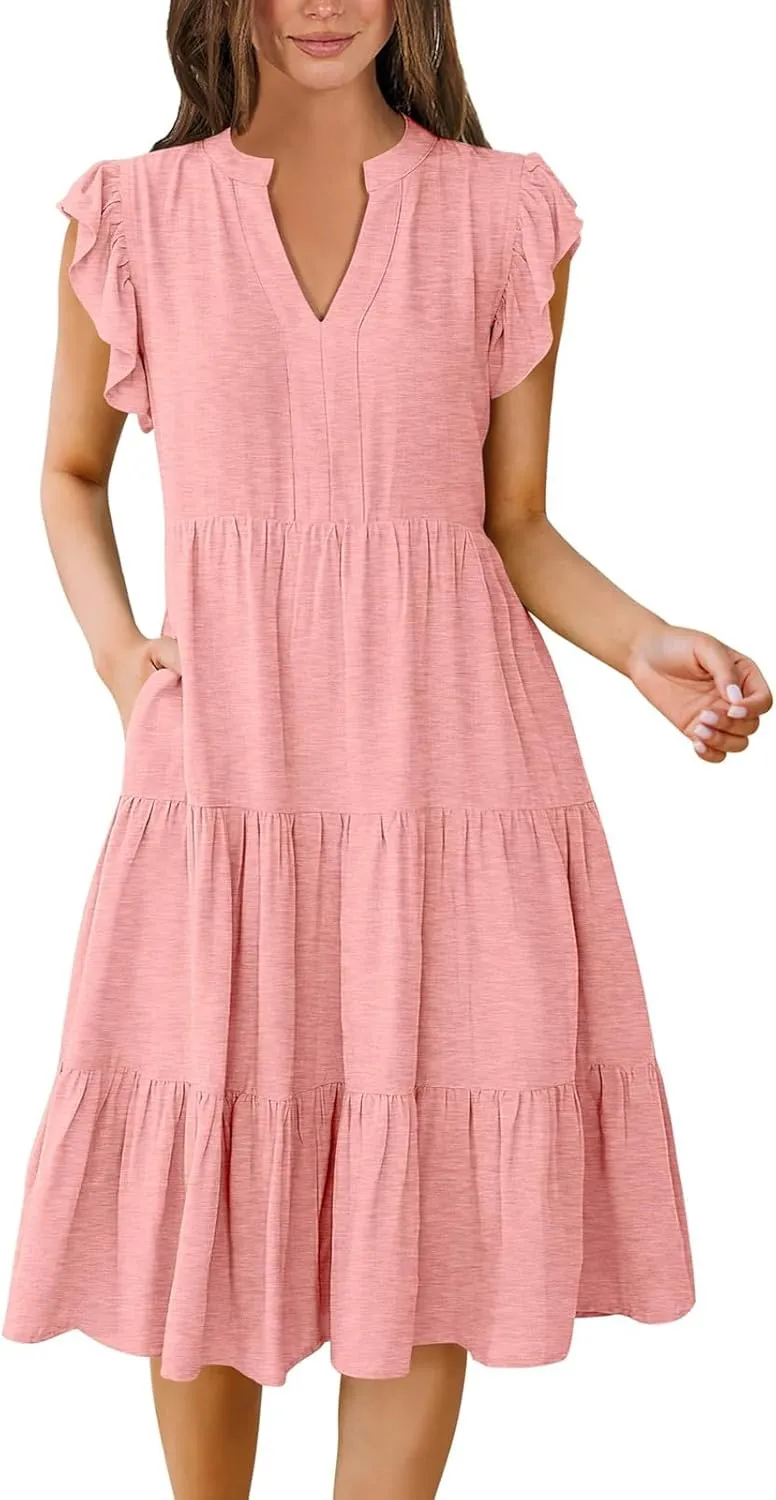 Women's Summer Dresses Ruffle Sleeve V Neck Midi Dresses Casual Flowy Tiered A Line Dress Beach Sundress with Pockets
