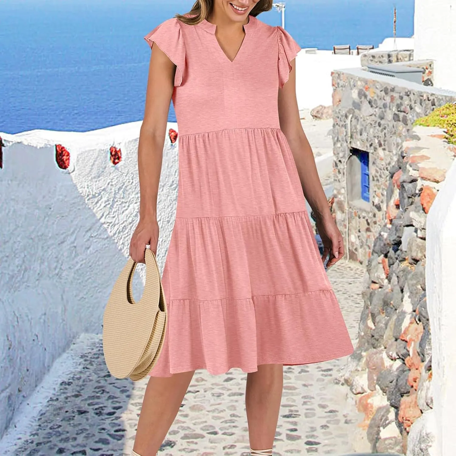 Women's Summer Dresses Ruffle Sleeve V Neck Midi Dresses Casual Flowy Tiered A Line Dress Beach Sundress with Pockets