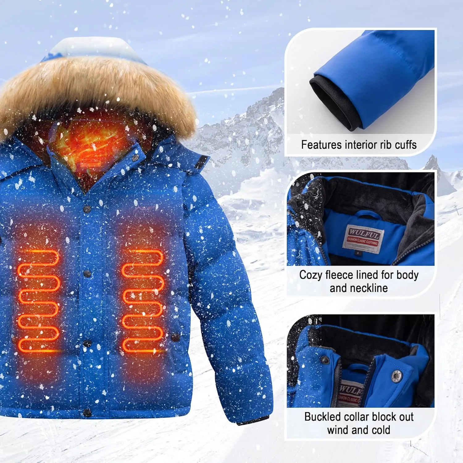 WULFUL Boy's Winter Coats Waterproof Fleece Lined Puffer Jackets Kids Thicken Outerwear With Detachable Hood