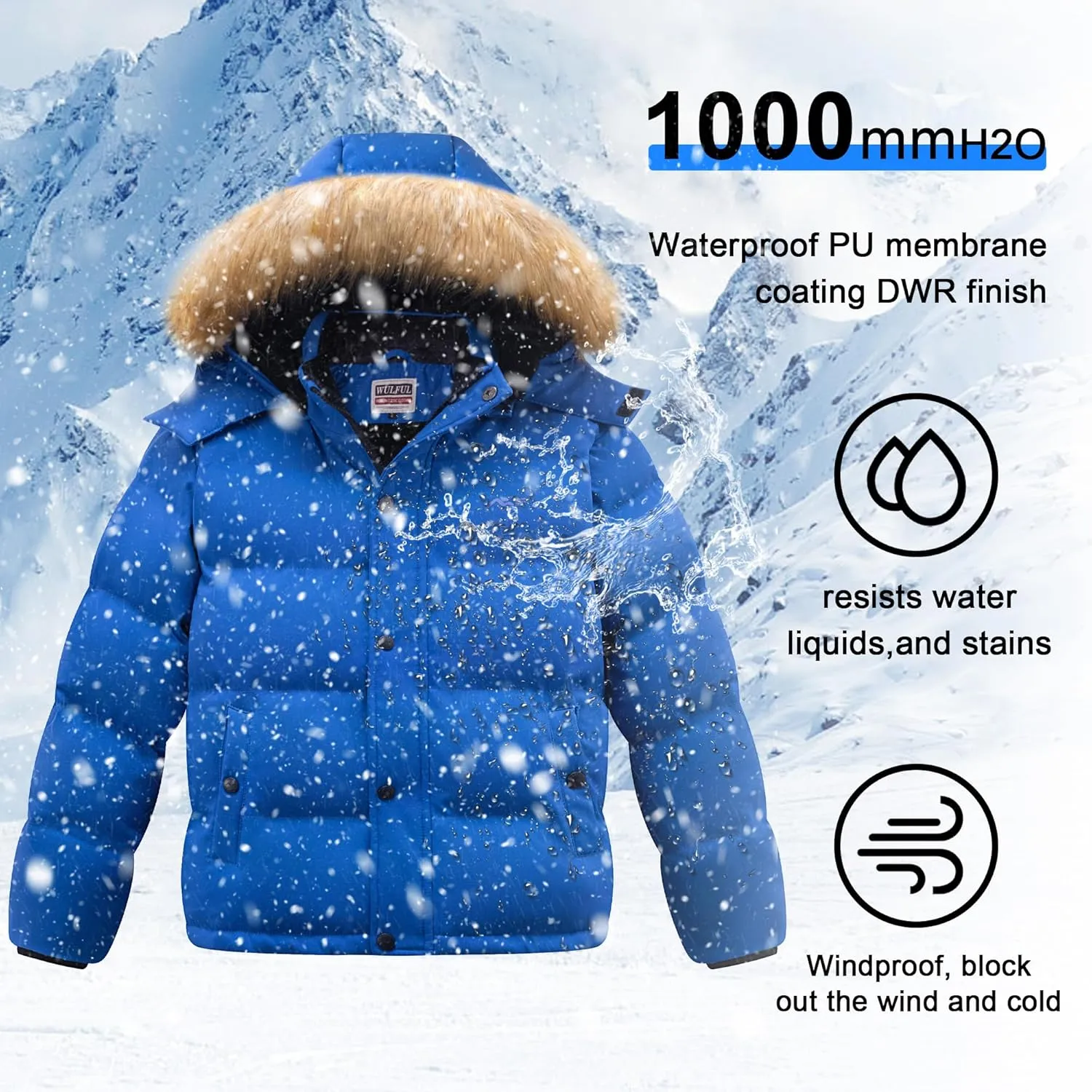 WULFUL Boy's Winter Coats Waterproof Fleece Lined Puffer Jackets Kids Thicken Outerwear With Detachable Hood