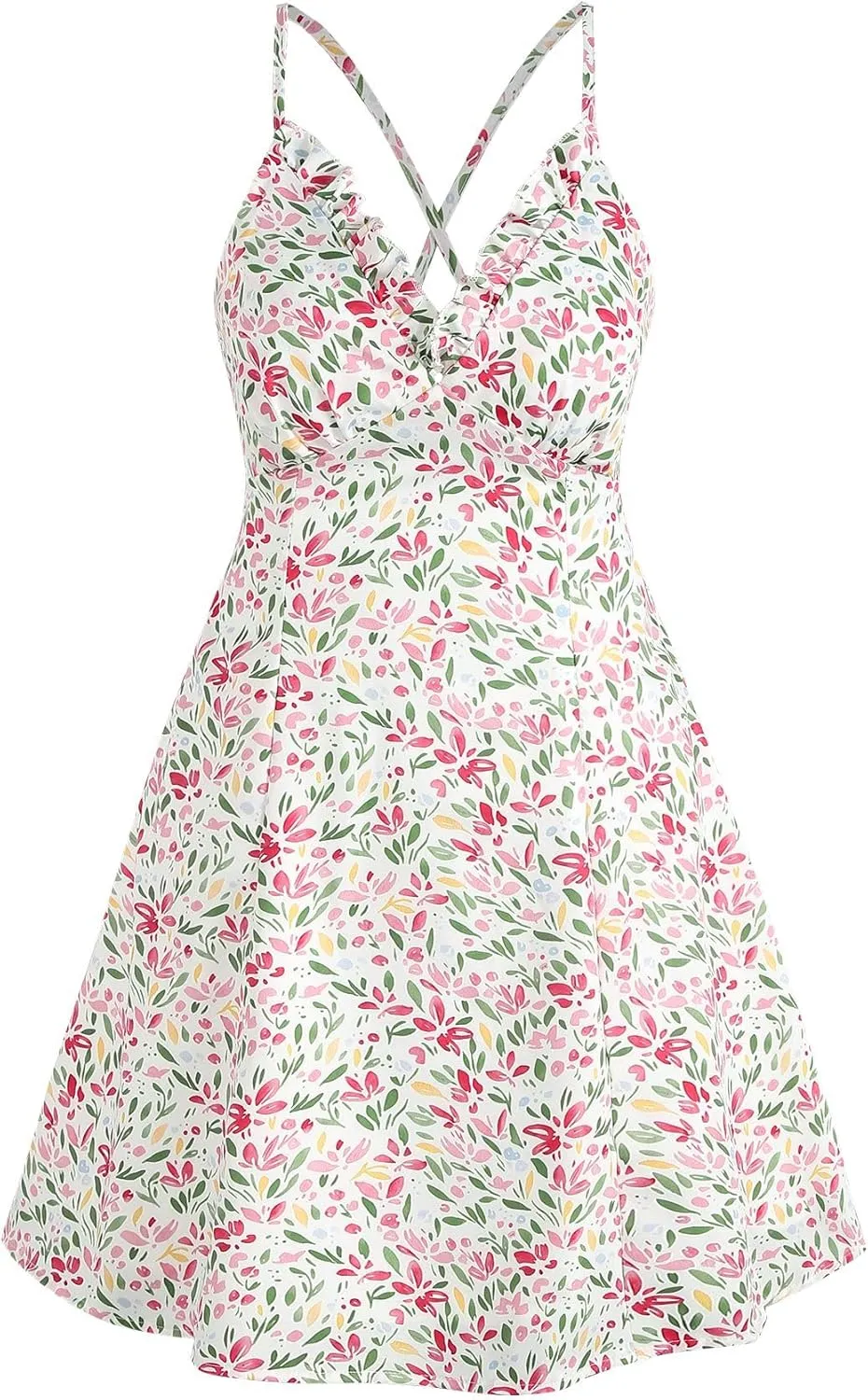 ZAFUL Women's Ditsy Floral Cami Mini Dress V-Neck Cross Back Ruched Frilled A-Line Dress Swing Skater Beach Dress